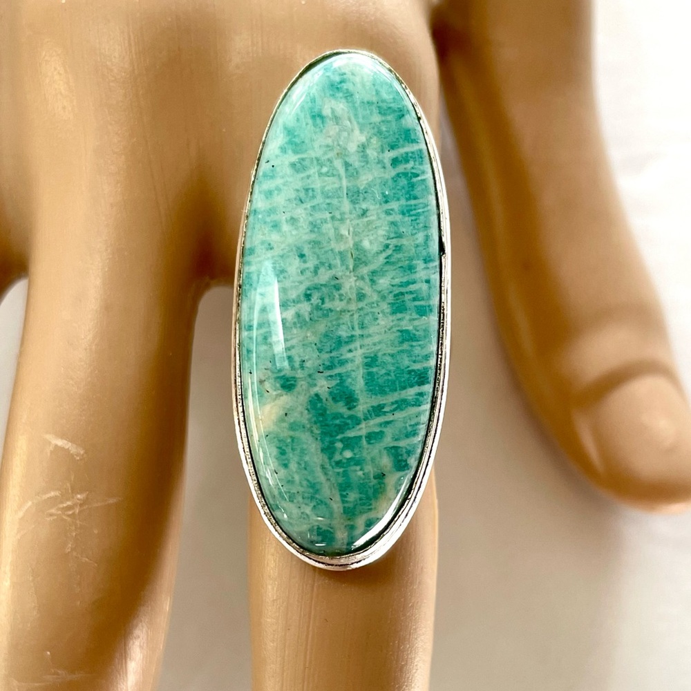 Amazonite Long Pale Green Gemstone Ring 6.5